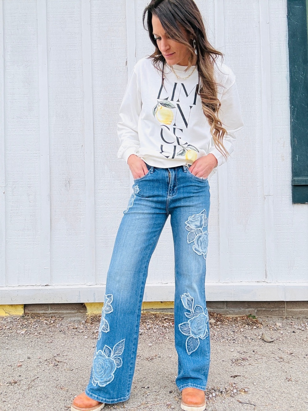 Driftwood Charlee Rose Patchwork Jeans Wide Leg Denim Size 28